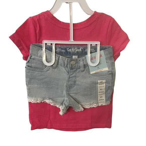 Cat & Jack Set of Heart Floral Short Sleeve Tee with Light Blue Denim Shorts 4T - Picture 3 of 3